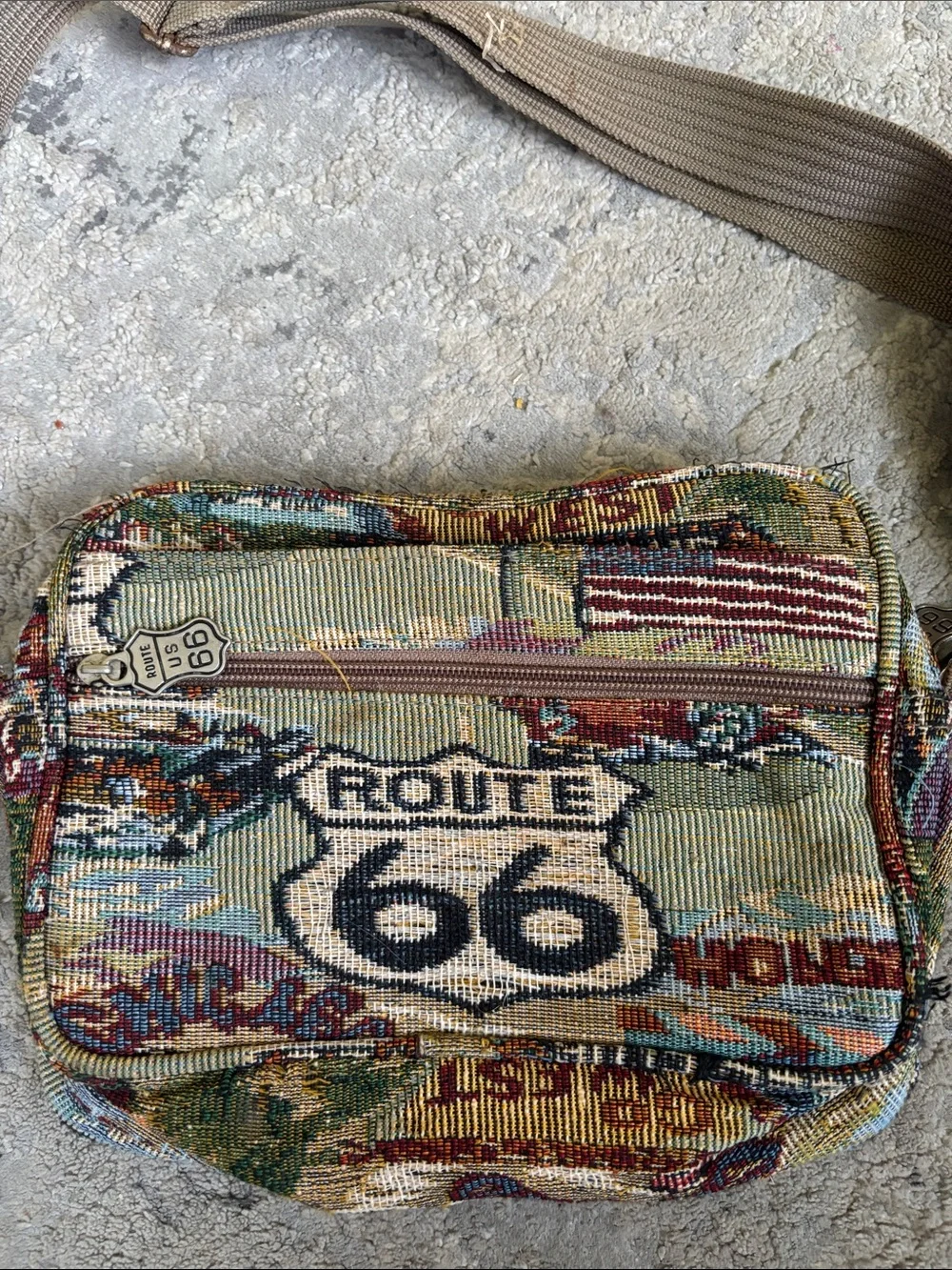 Route 66 Multicolor Tapestry Messenger Bag with Tan Strap